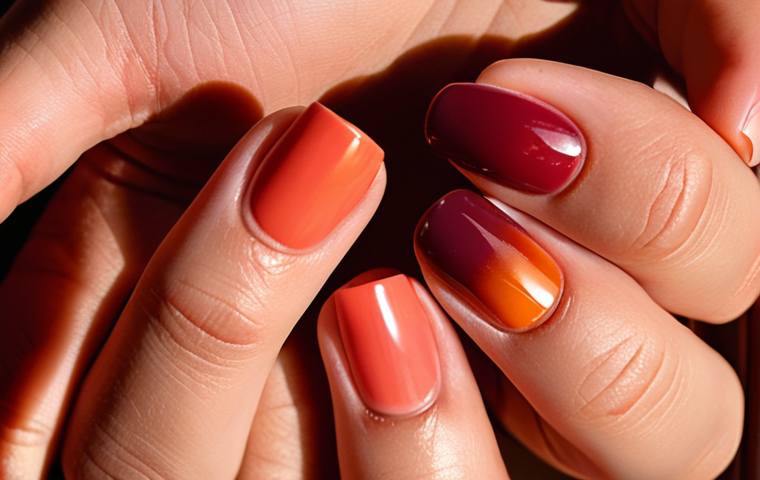 **Prompt:** Close-up of hands with warm-toned coral and orange nail polish shades, one hand showcasing a gradient effect, the other with a unique mix of red and brown creating a burgundy color, illuminated by warm natural light.